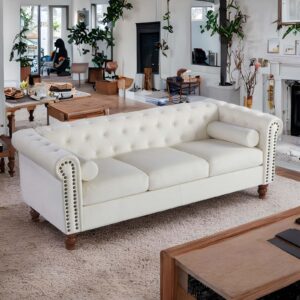 halofe classic chesterfield sofa, 80.31" modern velvet 3 seater sofa couch with 2 pillows, tufted back chesterfield settee sofas with rolled arms and nailhead trim for living room, office (white)