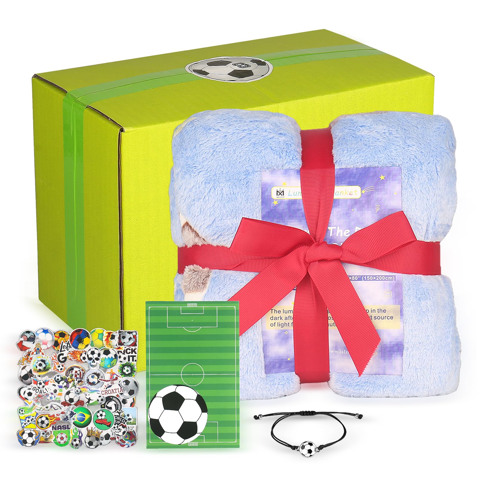 ALFUN Soccer Gifts Set for Kids, Soccer Blanket 50"*60", 50 Pieces Soccer Stickers, Soccer Bracelet & Greeting Card, Soccer Gift Bags for Boys Girls