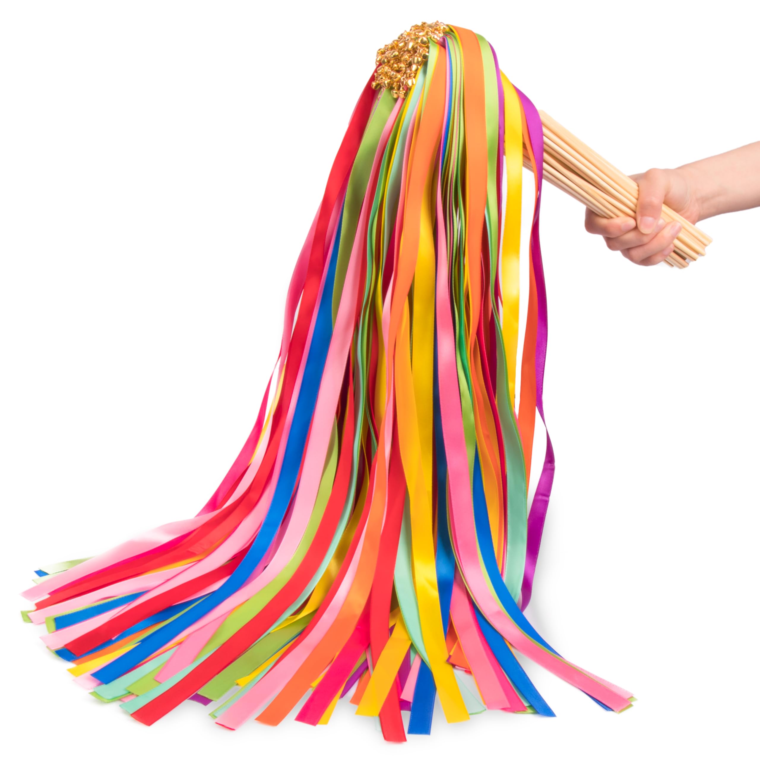 100pcs Rainbow Ribbon Stick Wands with Gold Bell, Multi-Colored Fairy Wish Wands Party Rhythm Send-Off Idea Ribbon Streamers for Wedding, Bridal Shower, Pride Parade, Ceremony Exit Photo Props