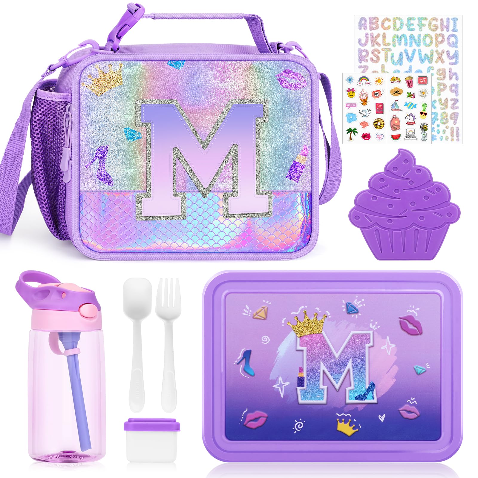 JYPS Lunch Box for Girls-Insulated Lunch Bag,Kids Bento Box with 6 Compartment,Water Bottle,Ice Pack,Salad Container,Perfect Lunch Container for Kids and Toddlers Back to School Age 7-15(Purple M)