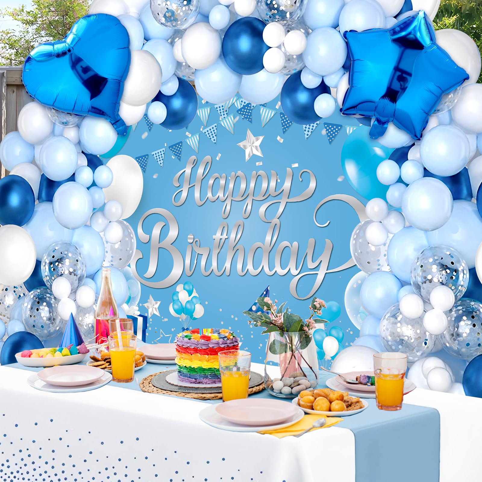 Light Blue Birthday Party Decorations Light Blue Birthday Backdrop Banner Light Blue Birthday Decorations with Heart Star Foil Balloons Tablecloth Party Supplies for Boys Girls Birthday Baby Shower