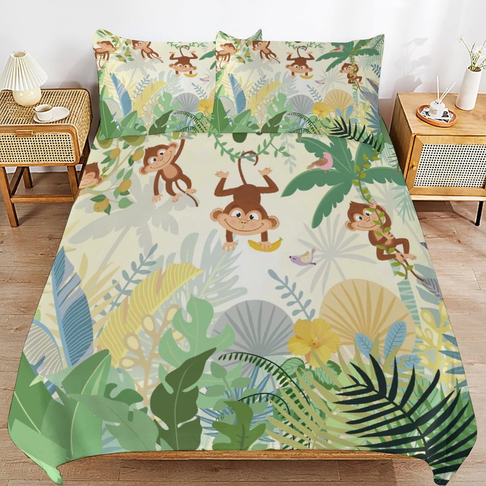 GDSCCLGX Funny Tropical Jungle Monkey Duvet Cover Set Full Size,Modern Forest Green Leaf Palm Leaf Floral Bedding Sets 3 Pieces(1 Duvet Cover+2 Pillowcases)