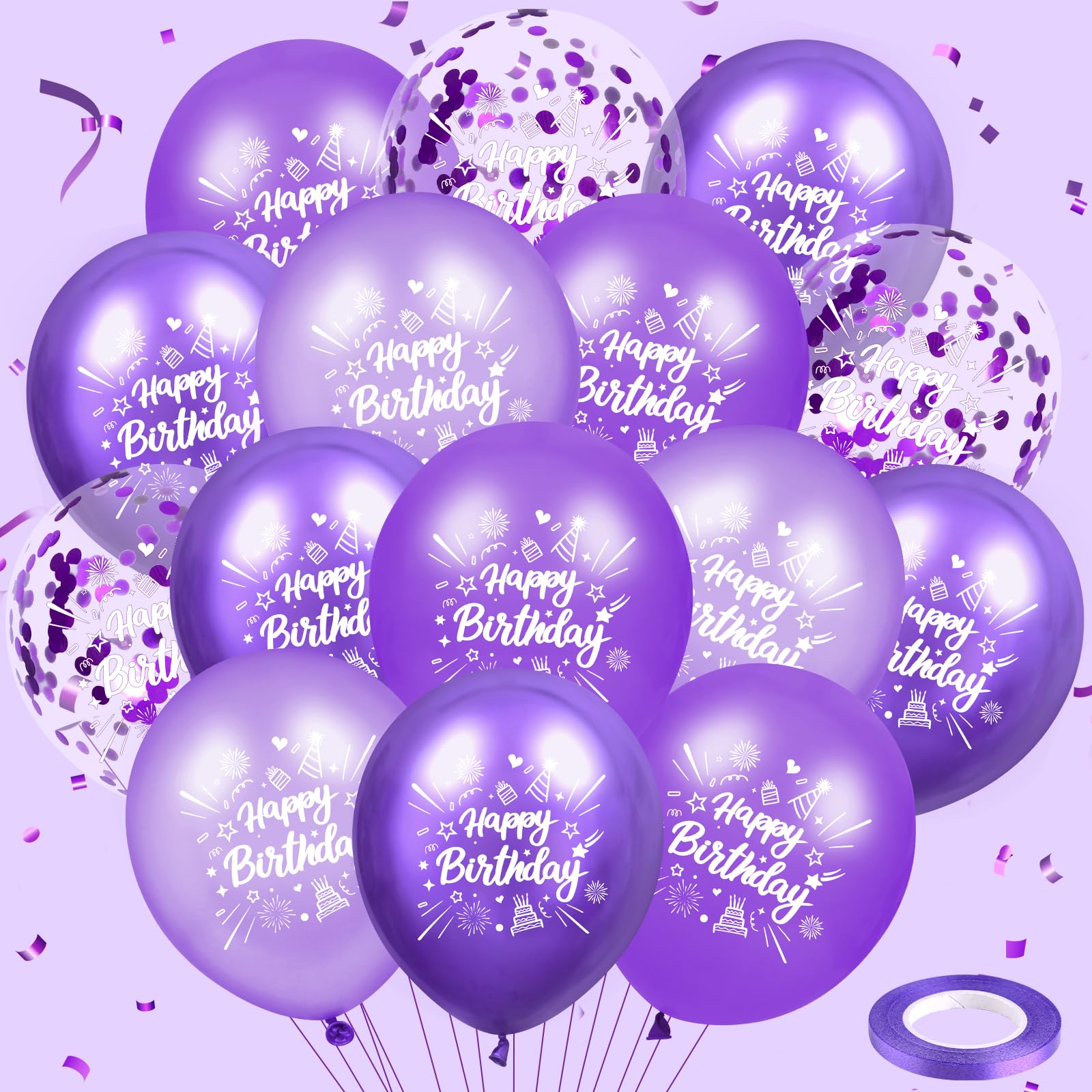 Purple Birthday Balloons 24Pcs Purple Happy Birthday Metallic Balloons Purple Latex Balloons Confetti Balloons for Girls Women Birthday Engagement Bridal Shower Wedding Anniversary Party Supplies