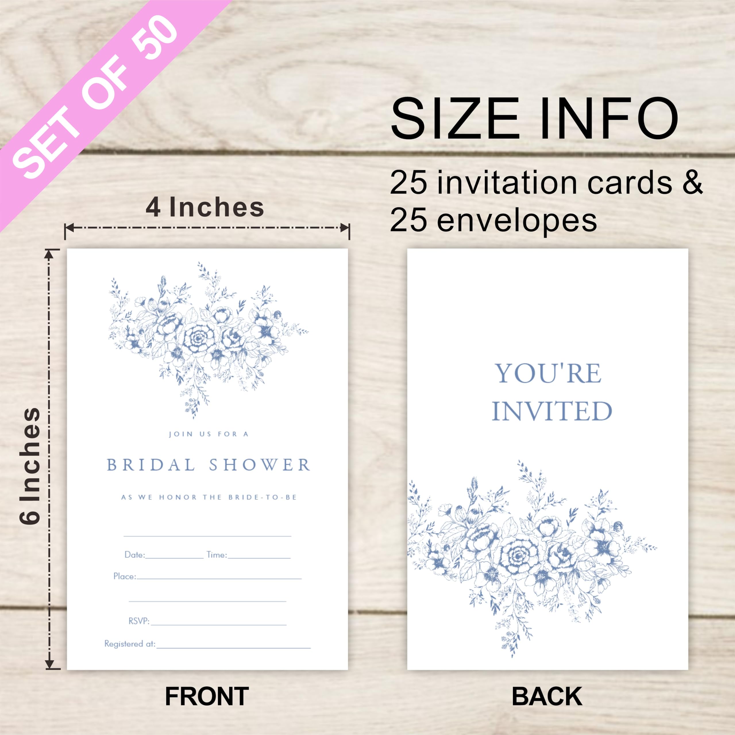 Tabyon Blue Floral Bridal Shower Invitation Cards With Envelopes, Minimalism Fill In Style Invitations For New Couples, Mr And Mrs, Newlyweds Invites, Party Favor & Supplies(25 Pcs) - A03