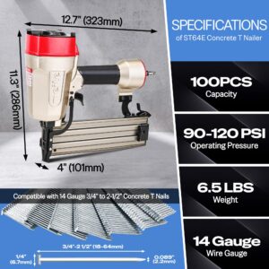 meite Concrete T Nailer with 400 PCS 1-1/4 Inch Concrete Nails, Pneumatic 14 Gauge Heavy Duty Air Concrete Nail Gun, Compatible with 14 Gauge 3/4 Inch to 2-1/2 Inch Concrete T Nails (ST64E)