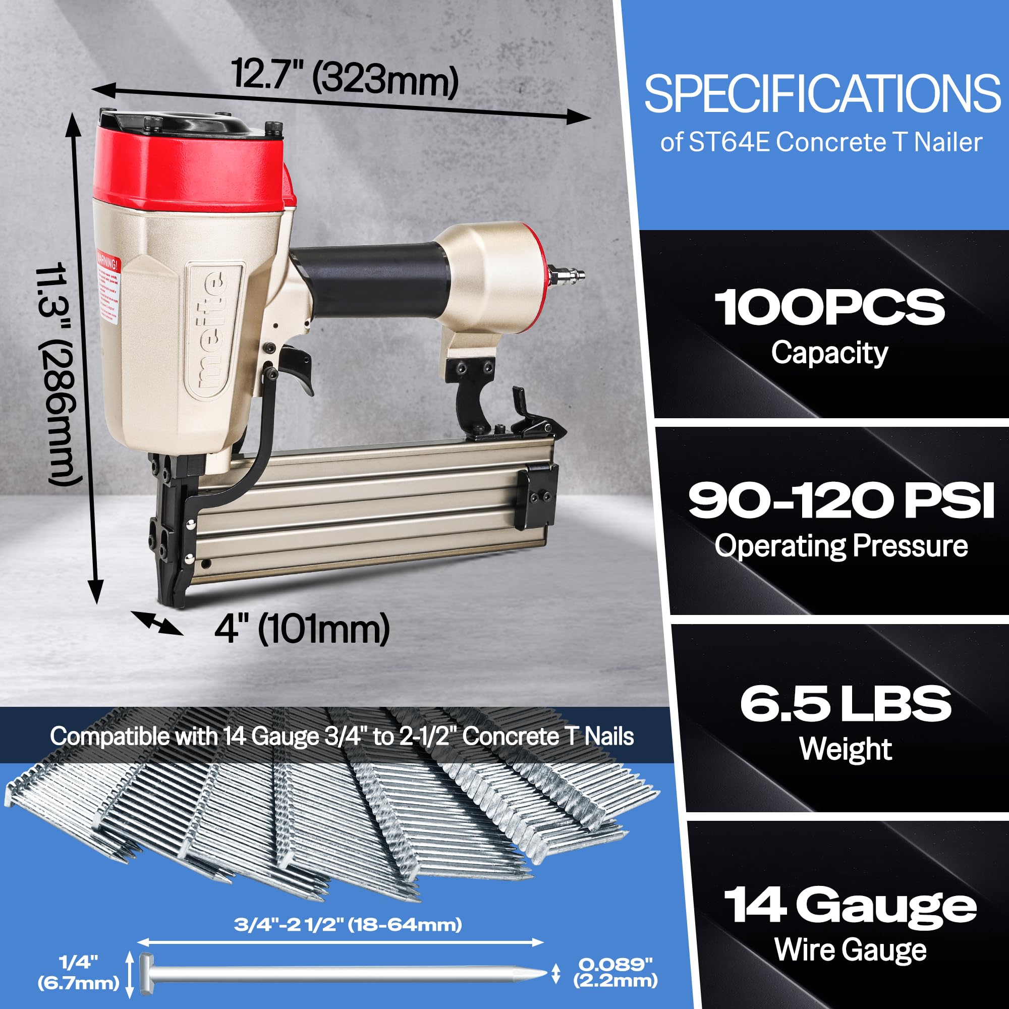 meite Concrete T Nailer with 400 PCS 1-1/4 Inch Concrete Nails, Pneumatic 14 Gauge Heavy Duty Air Concrete Nail Gun, Compatible with 14 Gauge 3/4 Inch to 2-1/2 Inch Concrete T Nails (ST64E)