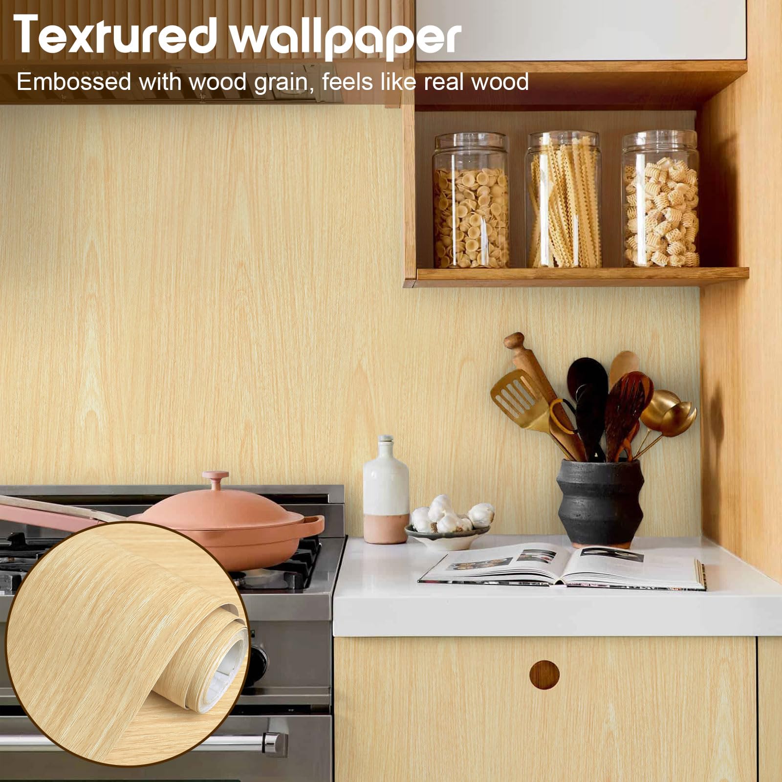 Fititem Wood Contact Paper Light Natural Wood Wallpaper Peel and Stick Faux Wood Grain Contact Paper for Cabinets and Drawers Self Adhesive Waterproof Oak Wallpaper for Kitchen Shelves Desk 118”×17.3”