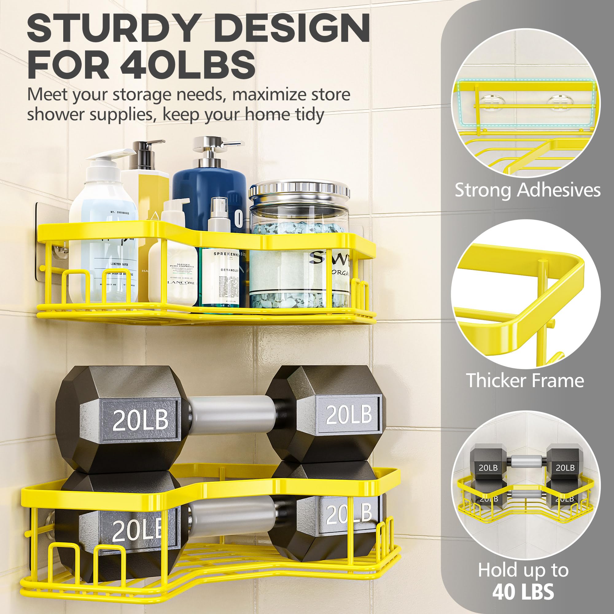 MAXIFFE Shower Caddy, 3-Pack Shower Organizer with Soap Holder, Corner Shower Caddy with 8 Hooks, Wall Mounted Shower Shelf for Bathroom, Kitchen, Countertop, Yellow