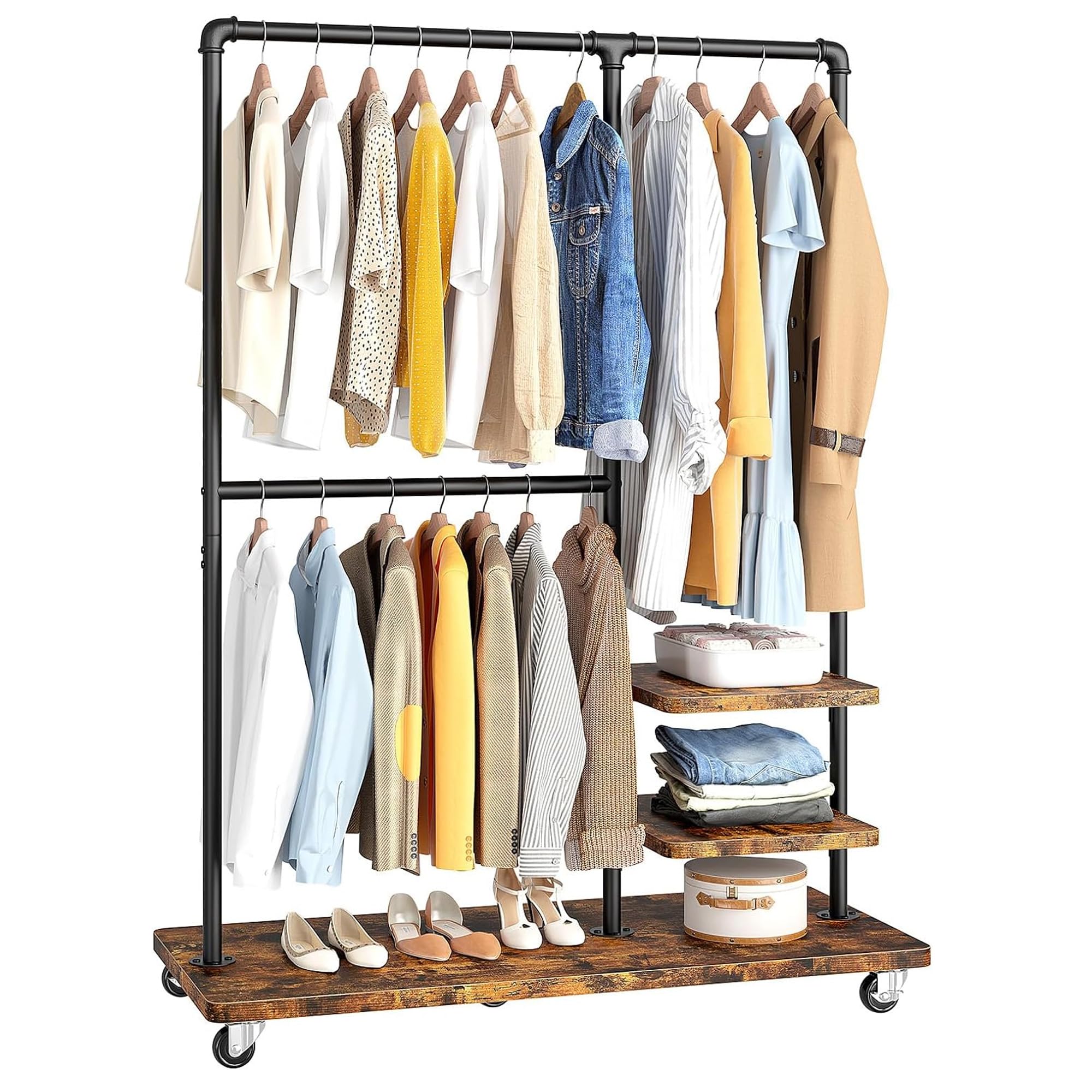 Raybee Industrial Pipe Clothes Rack Heavy Duty Clothing Racks for Hanging Clothes, 400LBS Clothes Rack with Shelves Wheels, Portable Adjustable Rolling Garment Rack for Hanging Clothes, Rustic Brown