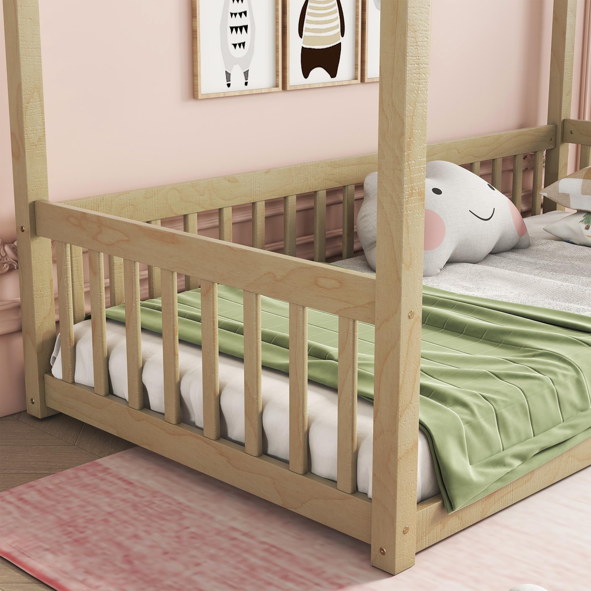 Wood Twin Size Canopy Frame Floor Bed with Fence and Guardrails,for Kids Toddler Boys Girls Teens Bedroom Use (Natural@Fence, Twin)