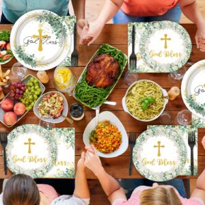 Naozinebi 200Pcs God Bless Baptism Plates Napkins First Holy Communion Party Tableware Set Christening Ceremony Dinnerware Confirmation Paper Plates for Mi Bautizo Baby Shower Decor Supplies Serve 50