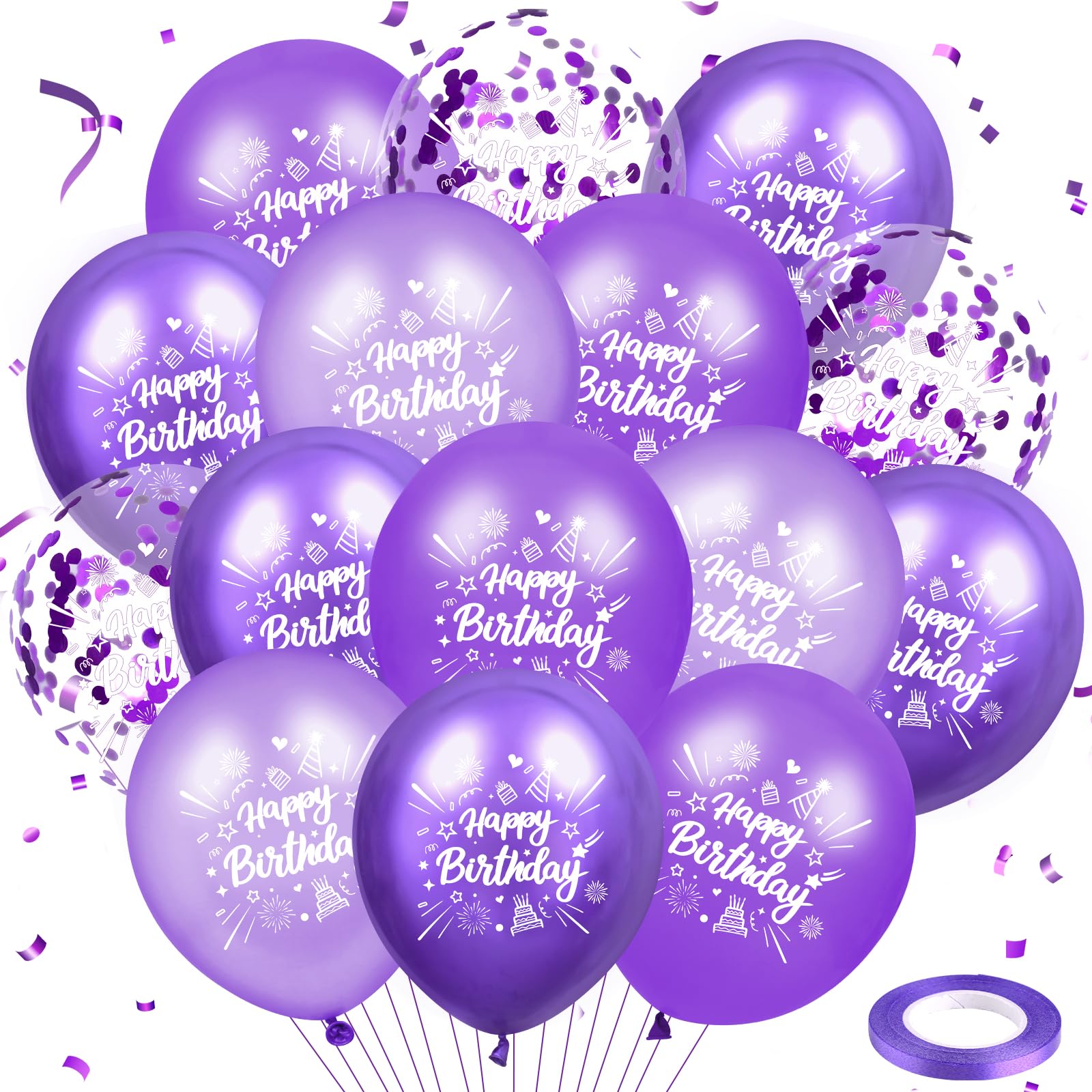 Purple Birthday Balloons 24Pcs Purple Happy Birthday Metallic Balloons Purple Latex Balloons Confetti Balloons for Girls Women Birthday Engagement Bridal Shower Wedding Anniversary Party Supplies