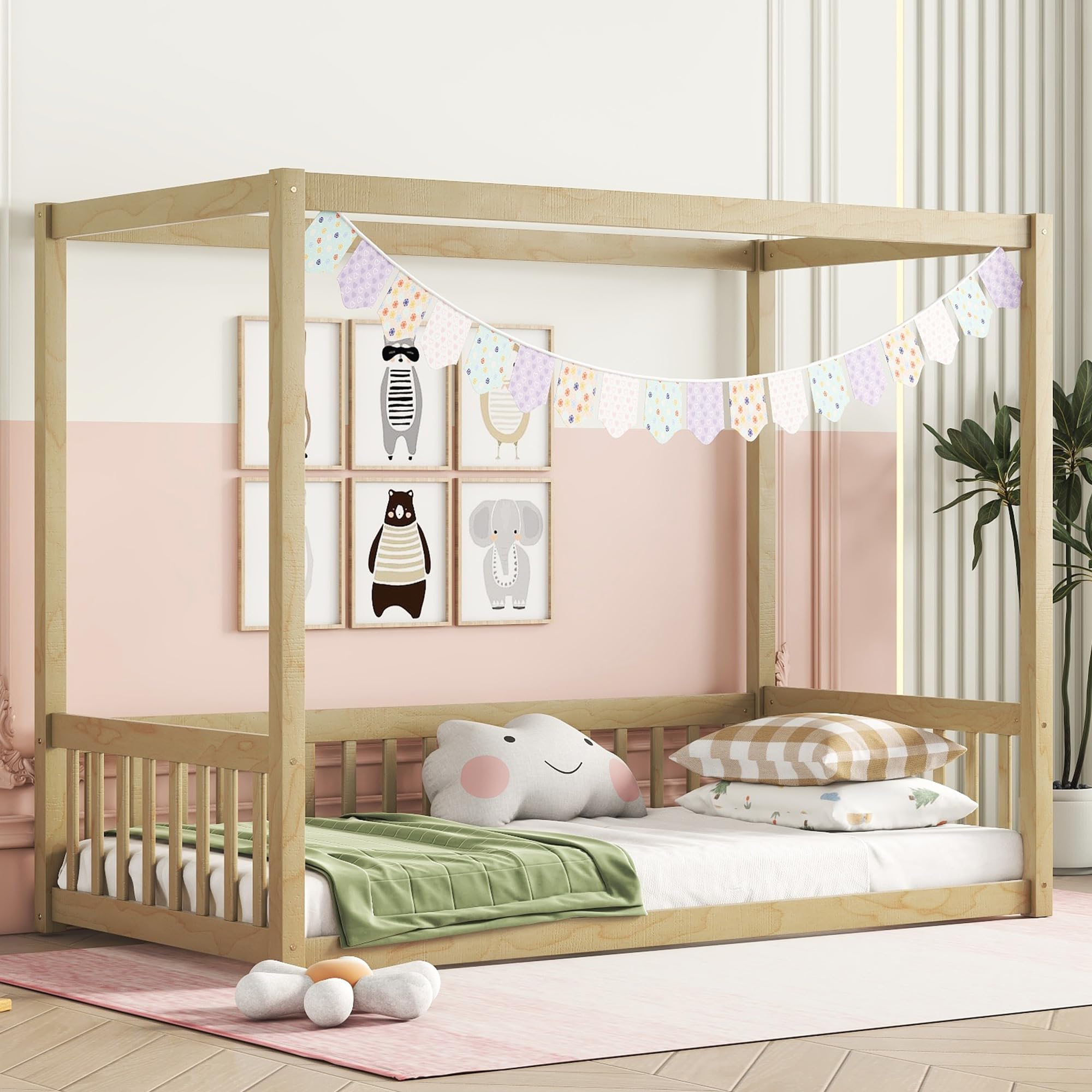 Wood Twin Size Canopy Frame Floor Bed with Fence and Guardrails,for Kids Toddler Boys Girls Teens Bedroom Use (Natural@Fence, Twin)