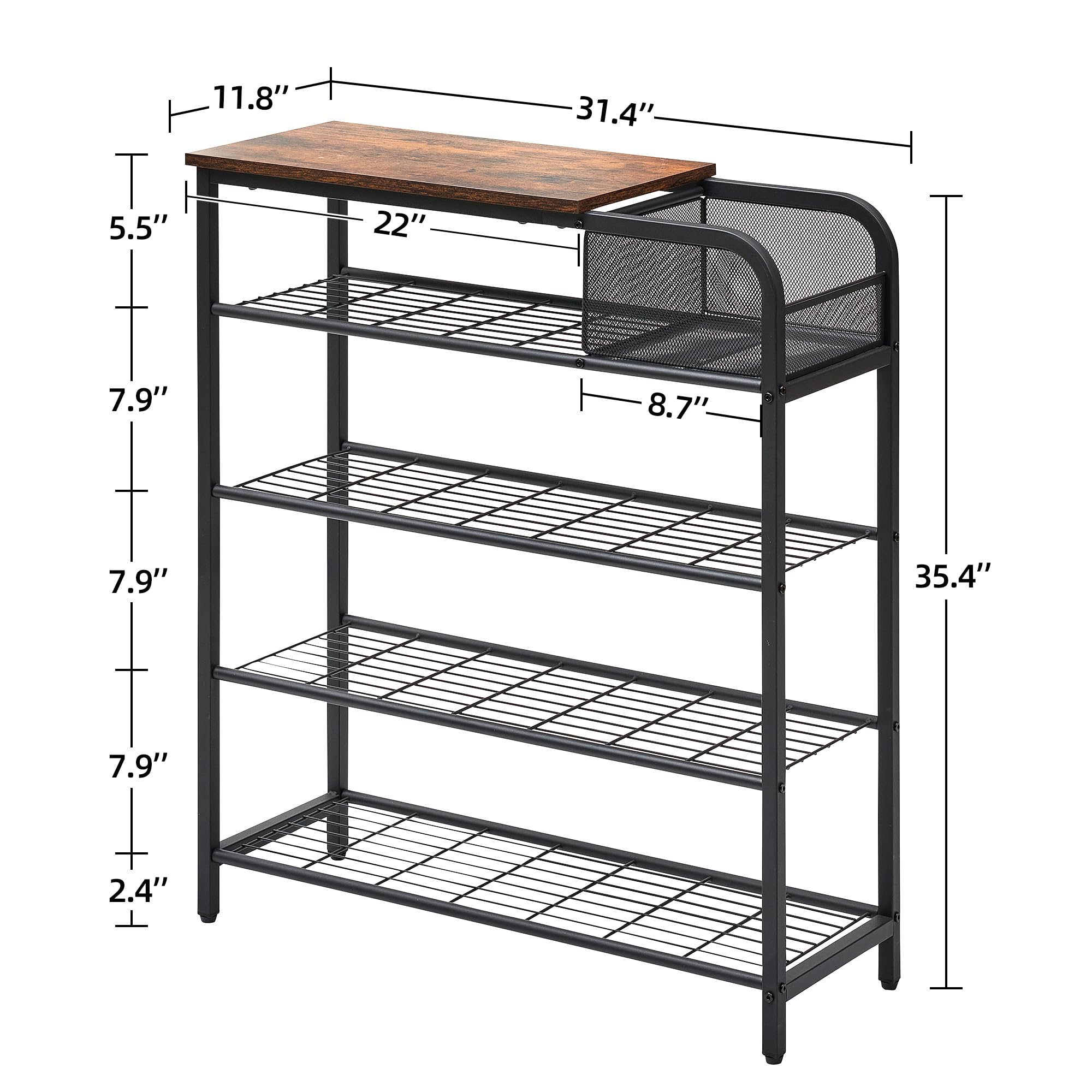 IDEALHOUSE Shoe Rack, 5 Tier Shoe Storage Organizer with Mesh Storage Basket, Shoe Shelf with 4 Steel Shelves and Top Panel, Holds 16-20 Pairs of Shoes for Entryway, Closet, Steel Frame, Rustic Brown