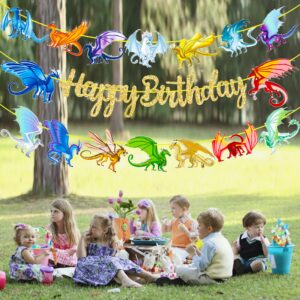 Dragon Birthday Party Banners Dragon Party Gold Happy Birthday Banners Dragon Theme Birthday Party Hanging Decoration for Fantasy Dragon Party Dragon Theme Baby Shower Supplies