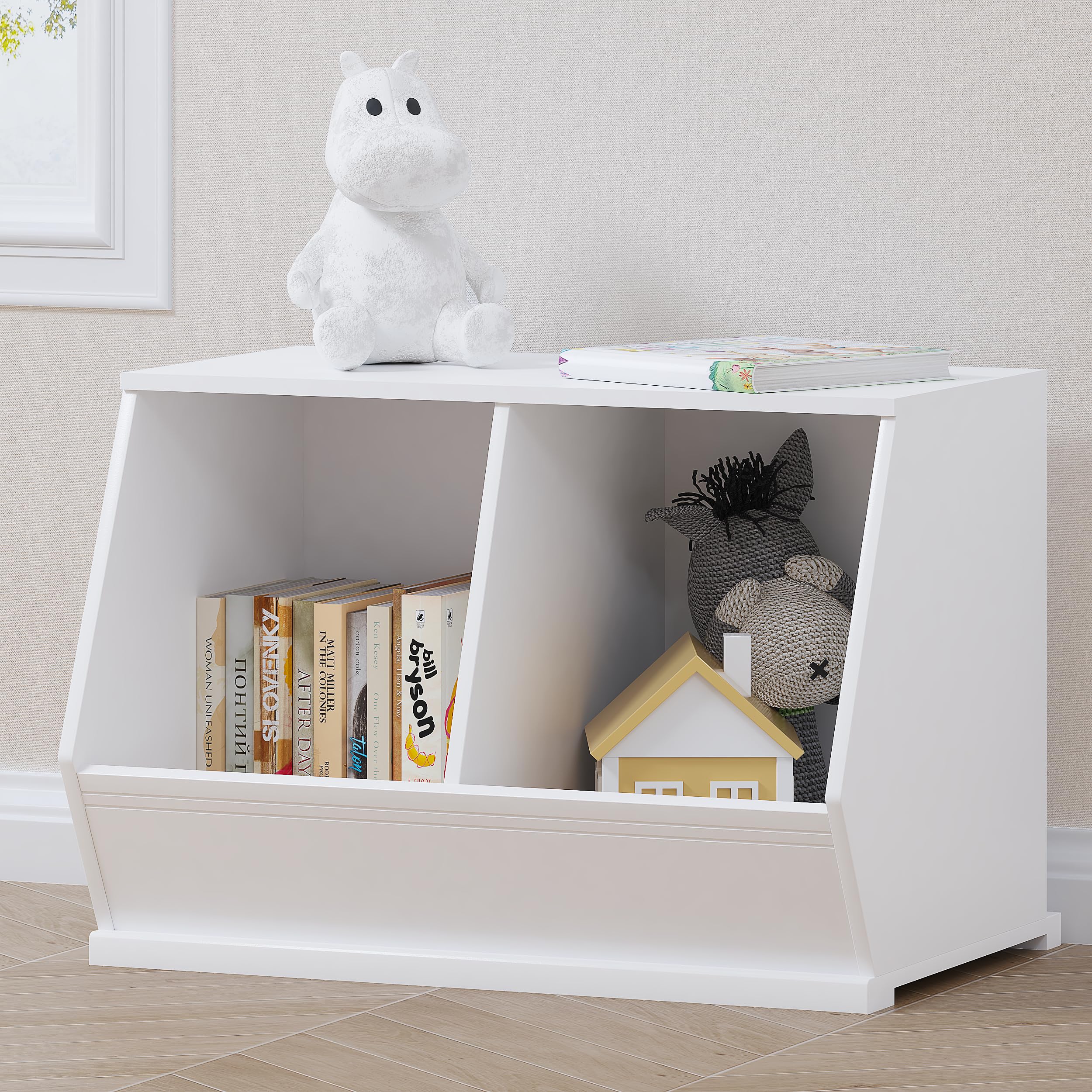 UTEX Toy Storage Organizer for Kids, Stackable Toy Storage Cabinet, Wooden Cubby Toy Organizer, White Toy Shelf for Playroom, Bedroom, Living Room, Nursery, 2 Cubes