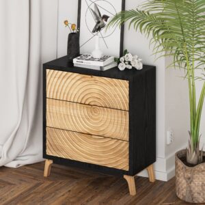 COZAYH 3-Drawer Farmhouse Dresser with Handcrafted Wood Ring Motif, Black Nightstand for Bedroom, Fully-Assembled, Rustic and Morden