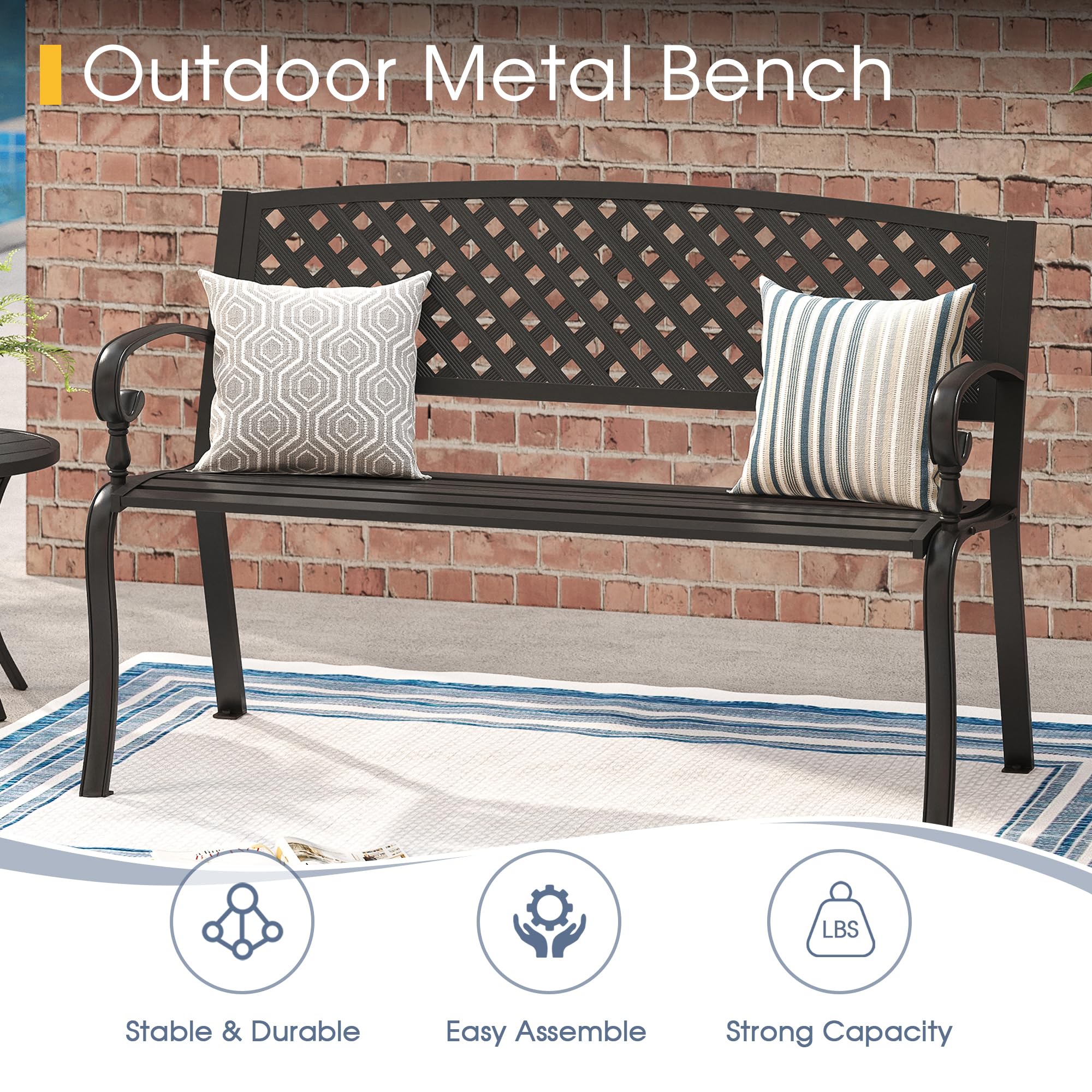 VICLLAX Outdoor Garden Bench, 50” Long Metal Patio Bench with Backrest and Armrests, Modern Slatted Black Park Bench for Front Porch, Lawn, Yard, Garden, Crossed Rhombic Back