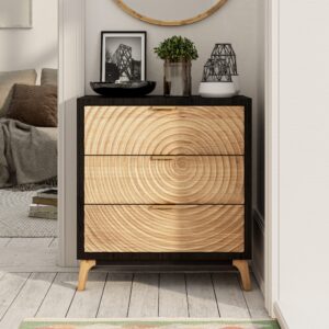 cozayh 3-drawer farmhouse dresser with handcrafted wood ring motif, black nightstand for bedroom, fully-assembled, rustic and morden