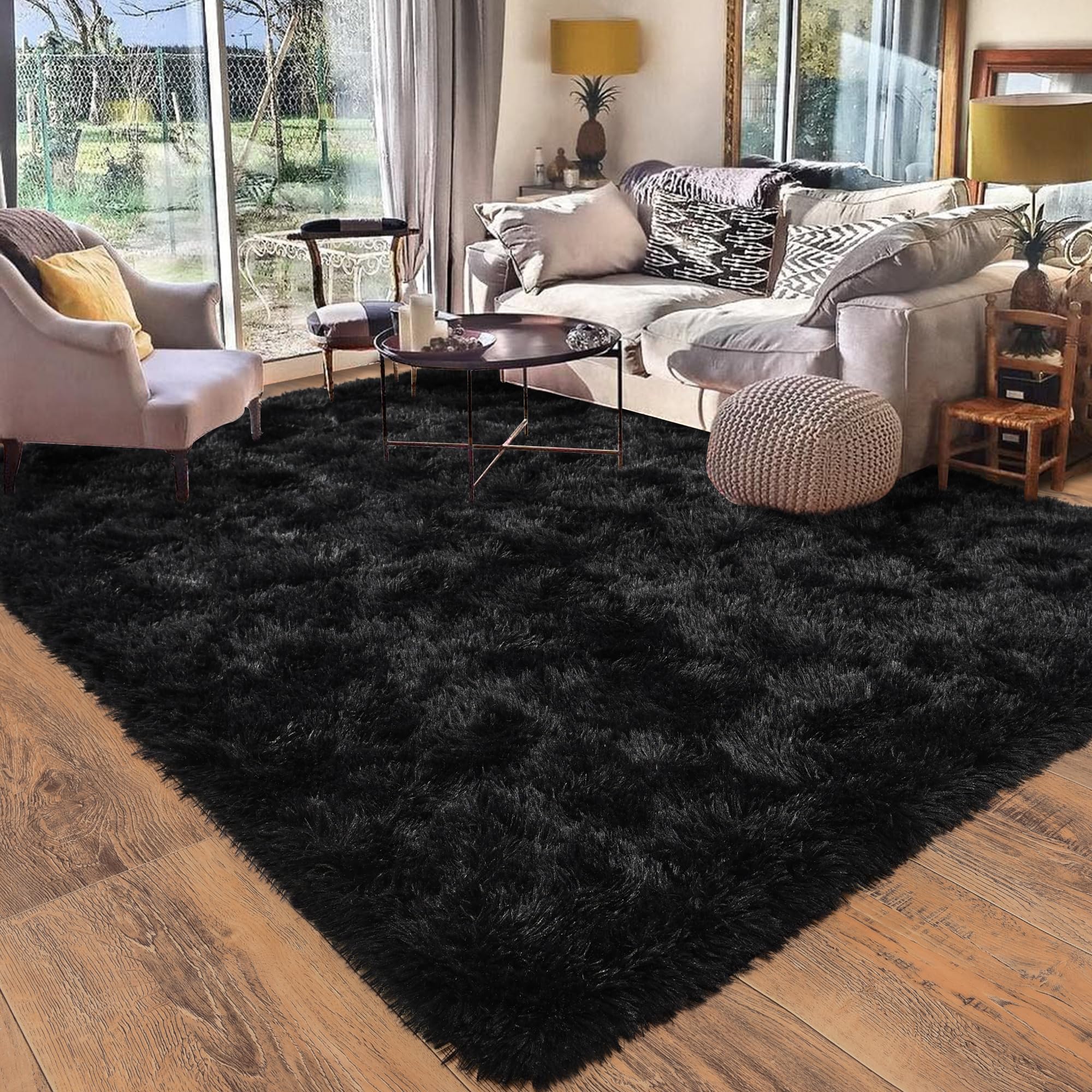 Quntue Black Rug for Bedroom Living Room, Area Rugs 4x6 Fluffy Bedroom Rug Carpet, Soft Shaggy Modern Floor Rug for Kids Boys Girls Room, Plush Fuzzy Dorm Rug for Home Decor Aesthetic