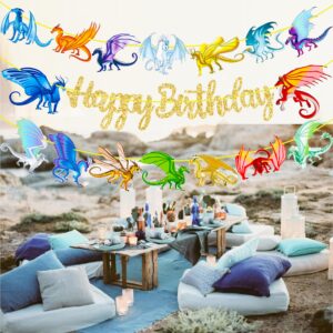 Dragon Birthday Party Banners Dragon Party Gold Happy Birthday Banners Dragon Theme Birthday Party Hanging Decoration for Fantasy Dragon Party Dragon Theme Baby Shower Supplies