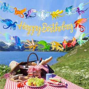 Dragon Birthday Party Banners Dragon Party Gold Happy Birthday Banners Dragon Theme Birthday Party Hanging Decoration for Fantasy Dragon Party Dragon Theme Baby Shower Supplies