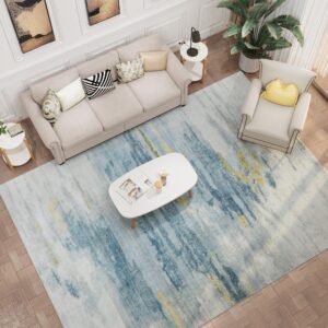 modern abstract area rug - 6x9 area rug carpet, non-slip non-shedding washable rugs for living room and bedroom, smoke navy & yellow, 6' x 9'