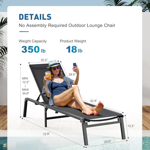 BSTOKCAM Outdoor Lounge Chair, Foldable & Assemble-Free Tanning Chaise Lounge with 0-60° Adjustable Backrest, Stainless Aluminum Sunbathing Lounge Chair for Patio, Pool, Beach - Black