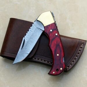 Nesmo-506 Damascus Steel Pocket Knife for Men - Handmade Folding Hunting Knives with Leather Pouch - Best Knife for Camping Hunting Hiking (Red Pakka Wood Handle)