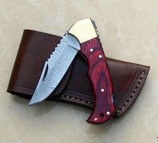 Nesmo-506 Damascus Steel Pocket Knife for Men - Handmade Folding Hunting Knives with Leather Pouch - Best Knife for Camping Hunting Hiking (Red Pakka Wood Handle)