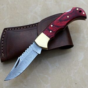 Nesmo-506 Damascus Steel Pocket Knife for Men - Handmade Folding Hunting Knives with Leather Pouch - Best Knife for Camping Hunting Hiking (Red Pakka Wood Handle)