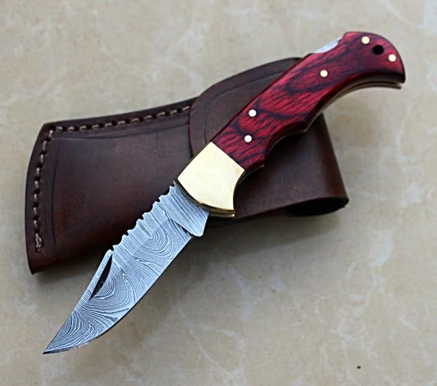 Nesmo-506 Damascus Steel Pocket Knife for Men - Handmade Folding Hunting Knives with Leather Pouch - Best Knife for Camping Hunting Hiking (Red Pakka Wood Handle)