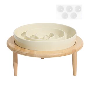 veeki ceramic slow feeder dog bowls, elevated dog food bowls with wood stand, dog dishes to slow down eating for chokcing bloating(beige, 10.2in)