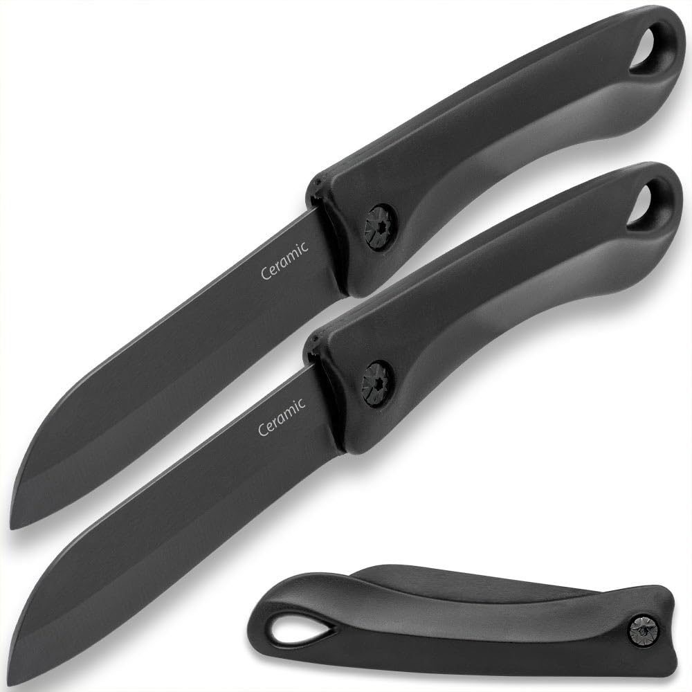 Ceramic Blade Pocket Knife Two-Pack | Non-Reflective Black Finish | TPU Handle | Ringed Pommel | Manual Opening Mechanism | 3 1/10" Blade | 7 2/5" Overall Length