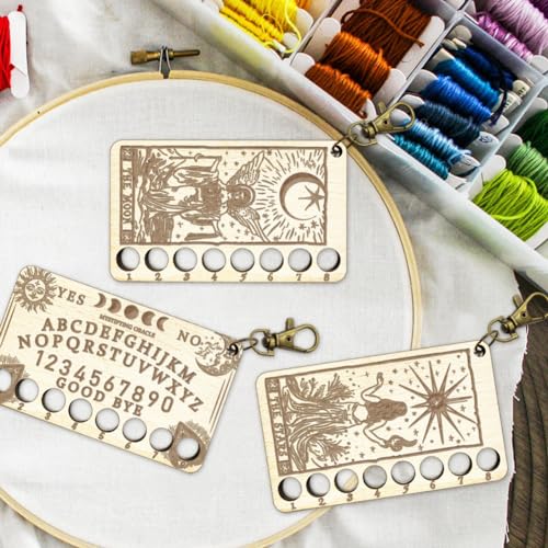 arricraft 1 Pc Needlework Project Card, Letter Dial Board Theme Thread Winding Plate Board with Clasp 8 Positions Wood Needlework Thread Holder Lasers Cutted for DIY Sewing Storage Thread 10x6cm