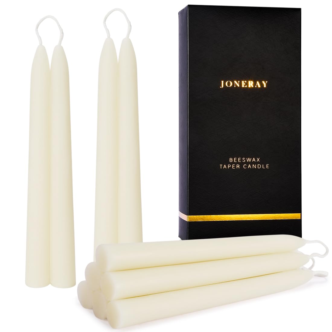 JONERAY Ivory Beeswax Taper Candles, Unscented and Smokeless Taper Candles, 8-inch Pure Natural Beeswax Candles for Holiday, Birthday (Pack of 10)