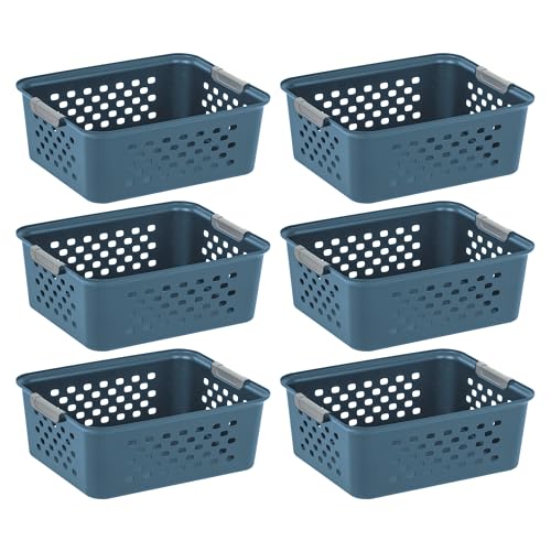 IRIS USA Plastic Storage Basket, 6-Pack, Medium, Shelf Basket Storage Organizer for Pantry, Cabinet, Bedroom, Closet, Laundry Room, Eco-Friendly, Navy