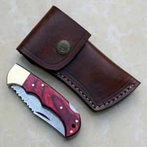 Nesmo-506 Damascus Steel Pocket Knife for Men - Handmade Folding Hunting Knives with Leather Pouch - Best Knife for Camping Hunting Hiking (Red Pakka Wood Handle)