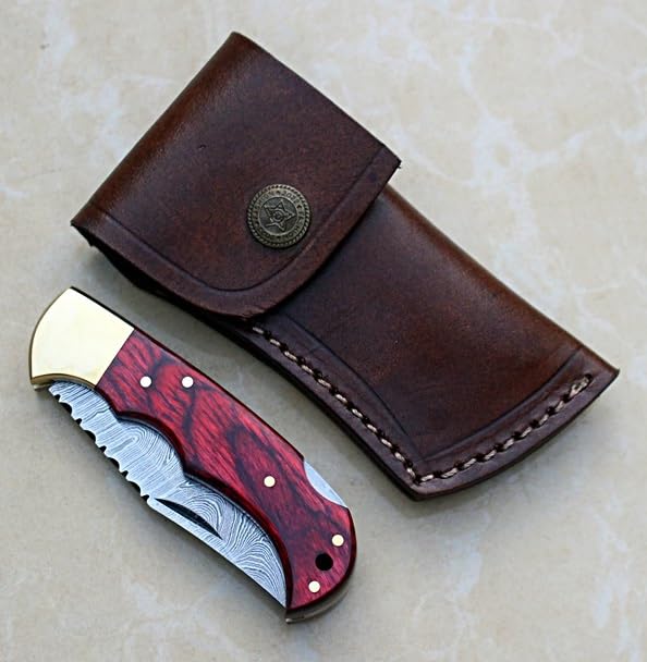 Nesmo-506 Damascus Steel Pocket Knife for Men - Handmade Folding Hunting Knives with Leather Pouch - Best Knife for Camping Hunting Hiking (Red Pakka Wood Handle)