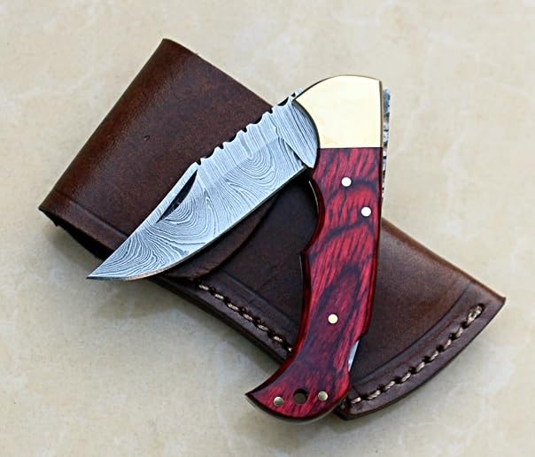 Nesmo-506 Damascus Steel Pocket Knife for Men - Handmade Folding Hunting Knives with Leather Pouch - Best Knife for Camping Hunting Hiking (Red Pakka Wood Handle)