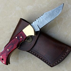 Nesmo-506 Damascus Steel Pocket Knife for Men - Handmade Folding Hunting Knives with Leather Pouch - Best Knife for Camping Hunting Hiking (Red Pakka Wood Handle)