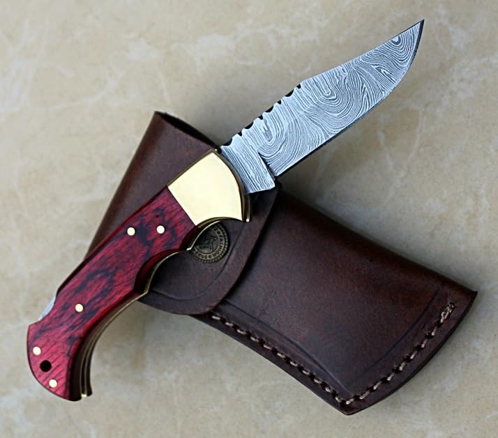 Nesmo-506 Damascus Steel Pocket Knife for Men - Handmade Folding Hunting Knives with Leather Pouch - Best Knife for Camping Hunting Hiking (Red Pakka Wood Handle)