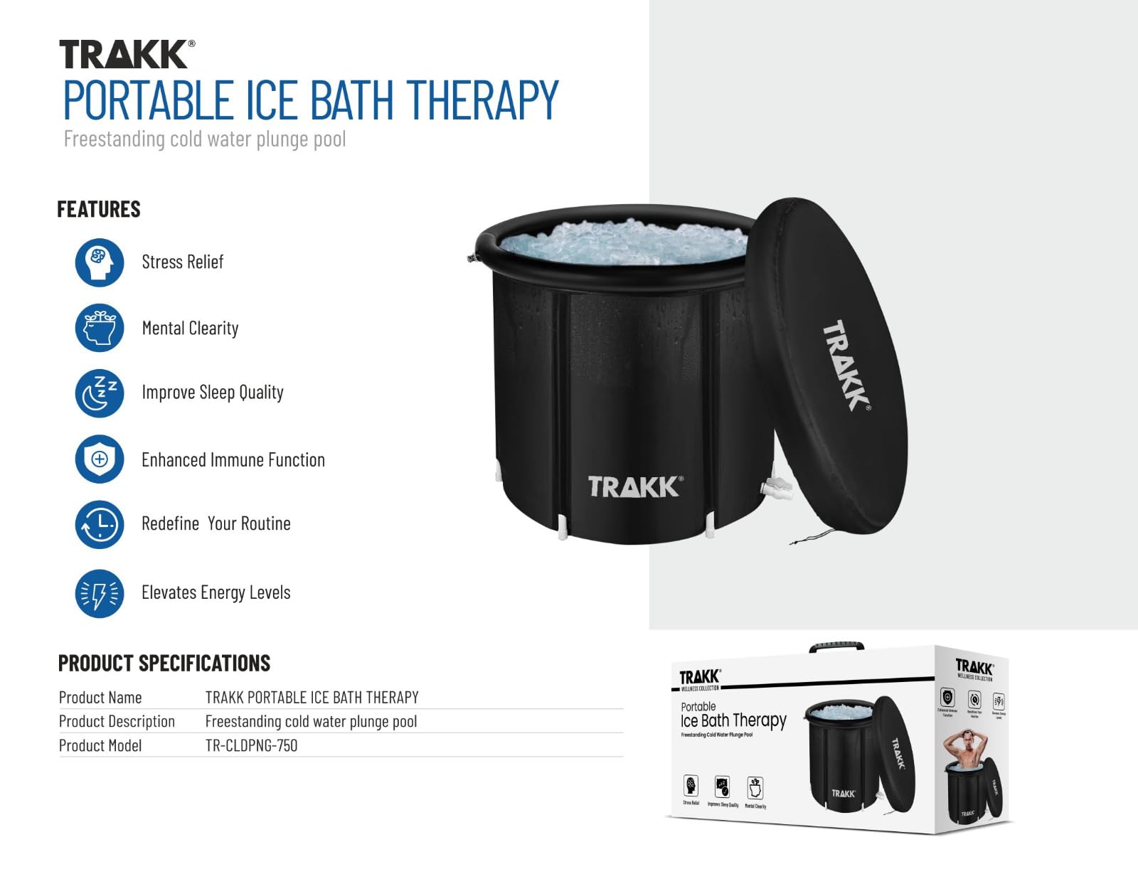 TRAKK Portable Ice Bath Tub Therapy with Cover - 150 Gallon Freestanding Cold Water Plunge Pool, Cold Plunge Tub Recovery Bath, Black