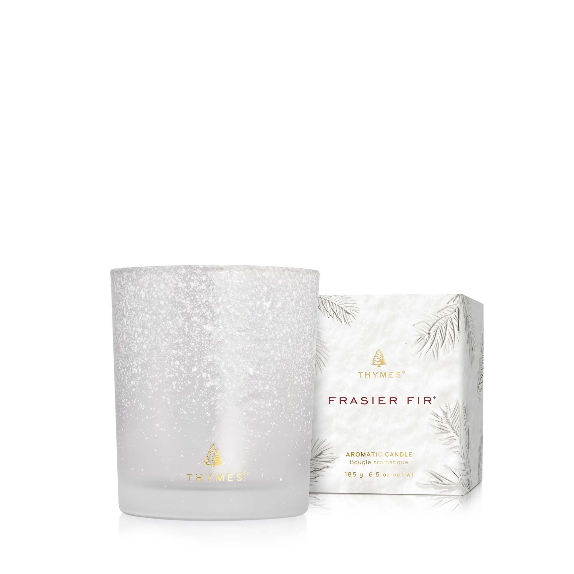 Thymes Frasier Fir Flocked Jar Candles – Scented Candles for Home with Notes of Siberian Fir, Cedarwood & Sandalwood – Holiday Candles for Christmas Decor – White Candles (Poured Candles, 6.5 oz)