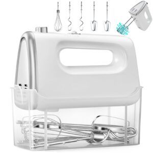 Hand Mixer Electric, 5-Speed Hand Mixer Electric Portable, with Snap-on Storage Case, 5 Stainless Steel Attachments,Dough Hooks Whisk Storage Case,Blender for Baking & Cooking,White