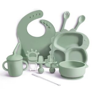 fomomdi silicone baby weaning set, 10pcs baby feeding set - toddler utensils, baby led weaning supplies with dinosaur plate, bib, cup, suction bowl, forks, spoons, fruit feeder, clean brush