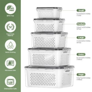 5 PCS Large Fruit Storage Containers for Fridge, Airtight Food Storage Containers with Removable Colander, Dishwasher & Microwave Safe, Berries Containers Keep Vegetables, Fruits Fresh Longer