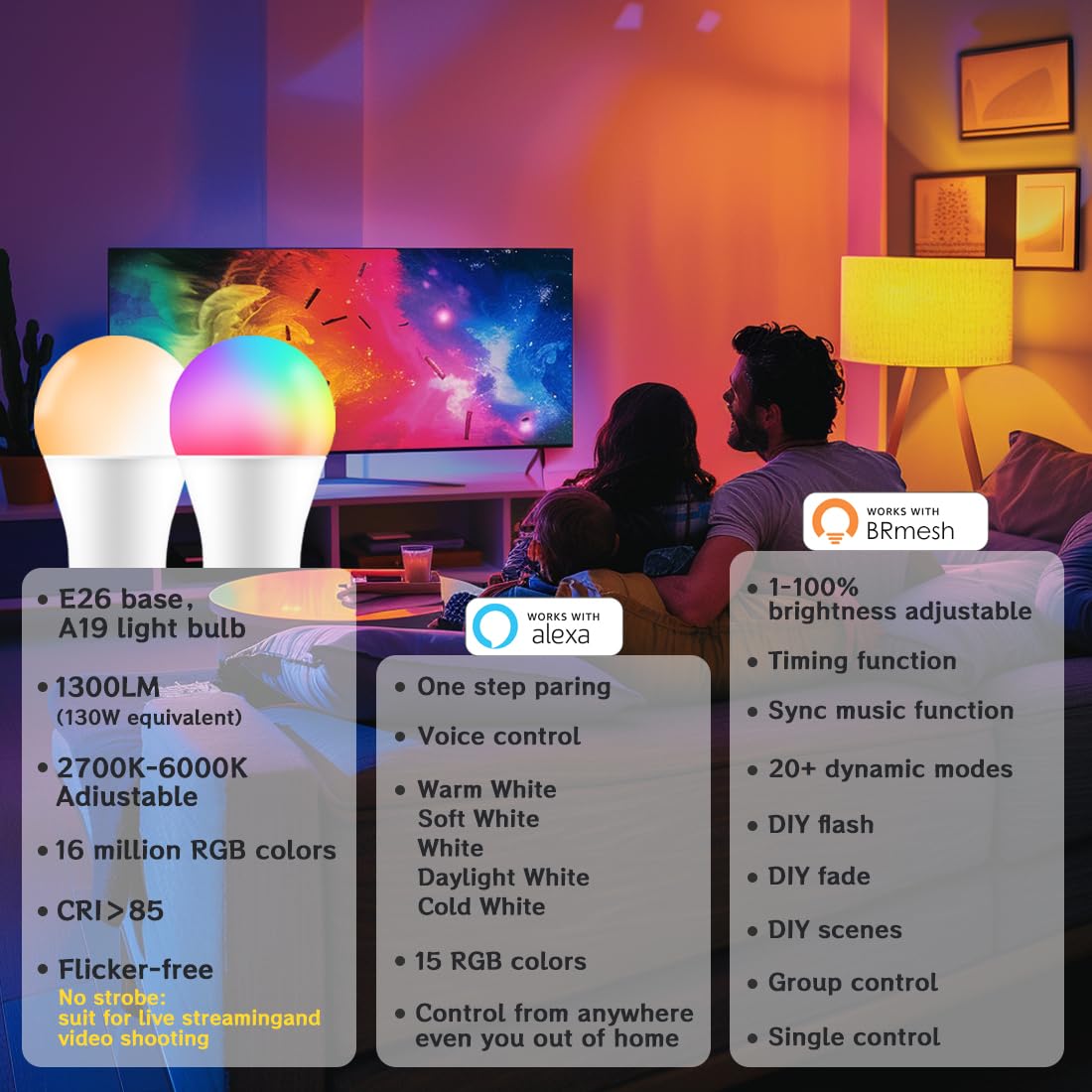 UCB Smart Light Bulbs 130W Equivalent, Color Changing Light Bulb, Work with Alexa Only, 16 Million Colors RGBWW, Music Sync, DIY Flash,1300LM A19 E26 Bluetooth Led Light Bulbs, No WiFi Required,4Pack