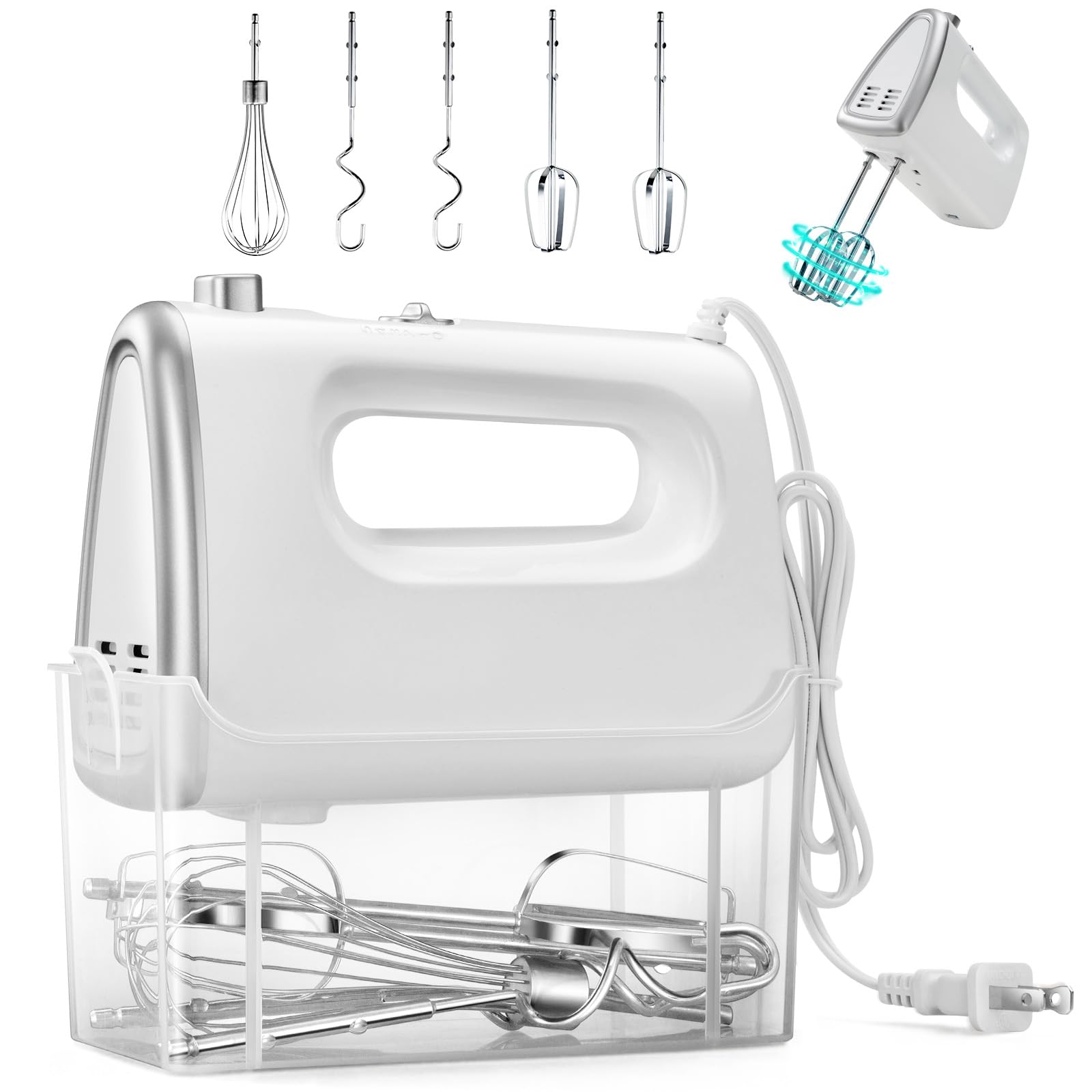 Hand Mixer Electric, 5-Speed Hand Mixer Electric Portable, with Snap-on Storage Case, 5 Stainless Steel Attachments,Dough Hooks Whisk Storage Case,Blender for Baking & Cooking,White