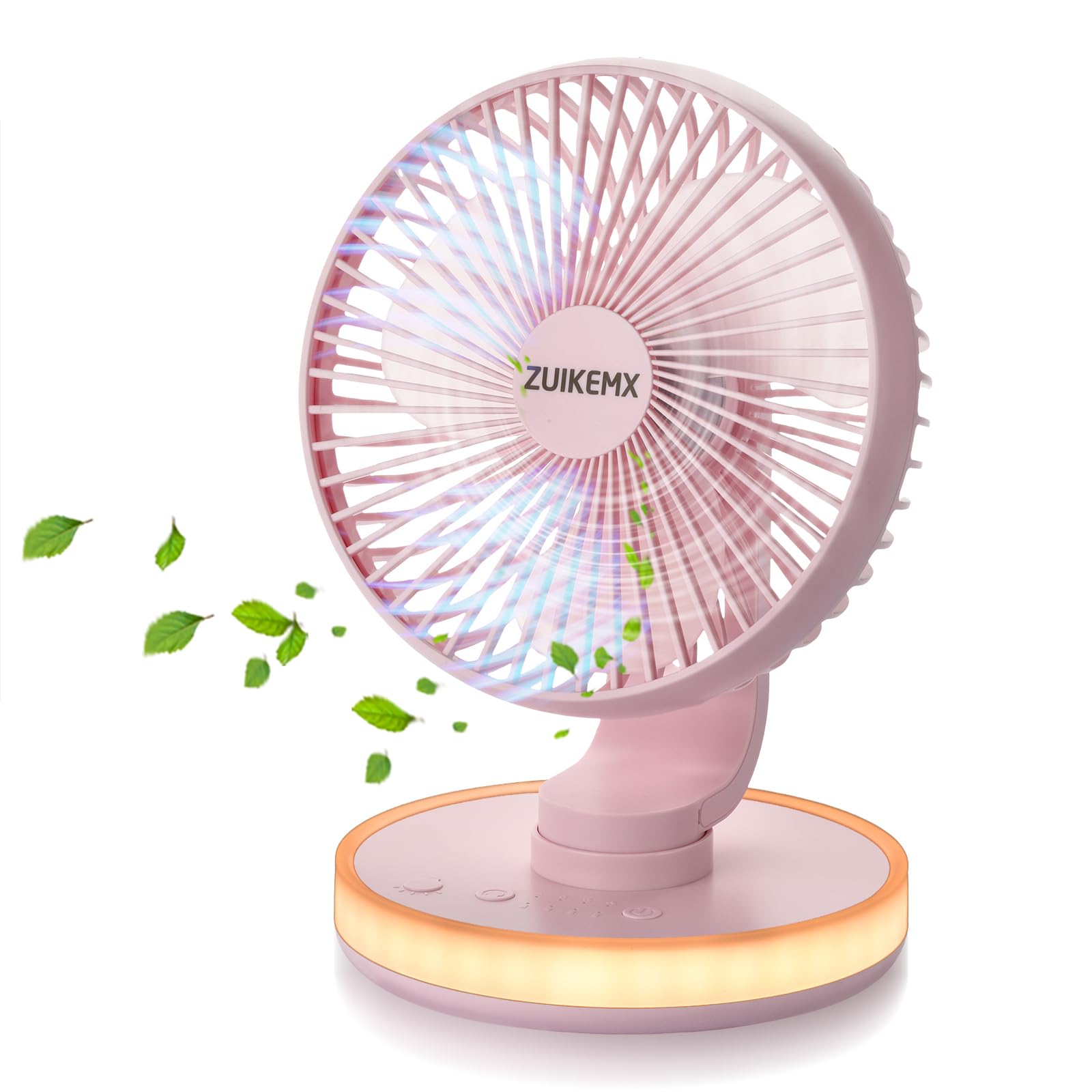 Portable Desk Fan with Circular LED Lights, 4 Speeds, 90° Rotation Adjustable Oscillating Fan, 4000mAh Rechargeable Fan, Battery Powered Quiet Personal Fan for Home Office, Detachable Cleaning (Pink)